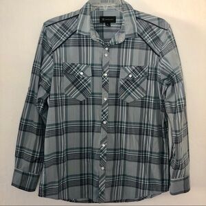 INC button down Plaid Grey/Blue Shirt Large